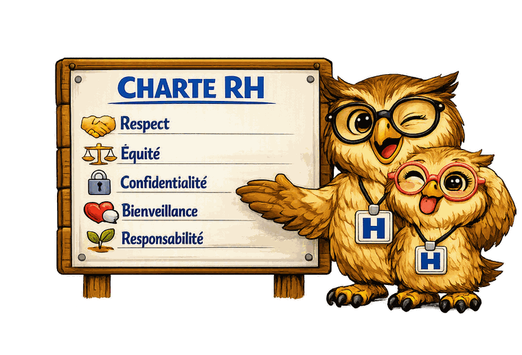 Panneau « Charte RH » : respect, équité, confidentialité, bienveillance, responsabilité, présenté par deux hiboux
