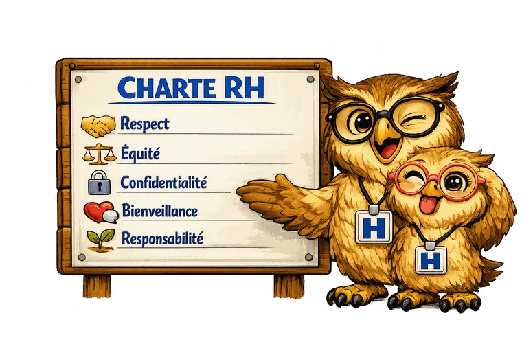 Panneau « Charte RH » : respect, équité, confidentialité, bienveillance, responsabilité, présenté par deux hiboux