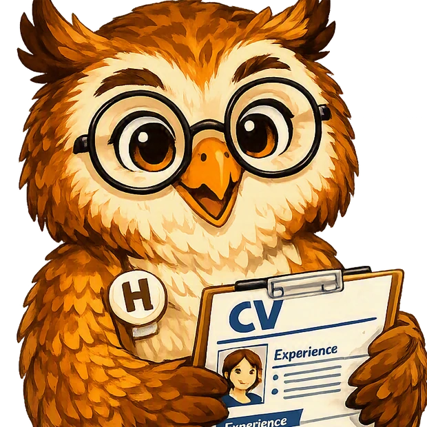 Claude le hibou, lunettes rondes, tient un curriculum vitae