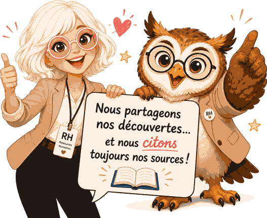 Gisèle et Claude le hibou RH tiennent un panneau : nous partageons nos découvertes et nous citons toujours nos sources