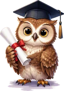 Un hibou diplômé, toque et certificat en main
