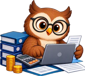 Un hibou à lunettes calcule les salaires, entouré de classeurs et de pièces