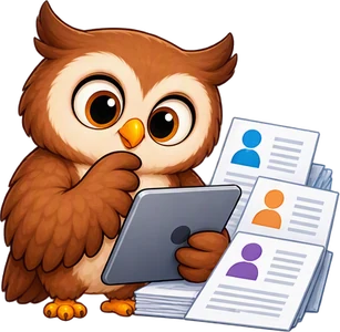 Un hibou étudie des dossiers de candidature sur sa tablette