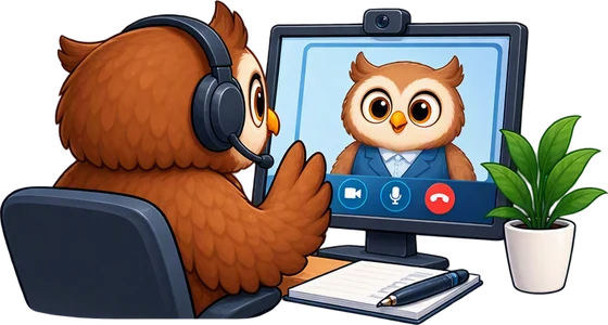 Un hibou au casque échange en visioconférence avec un conseiller