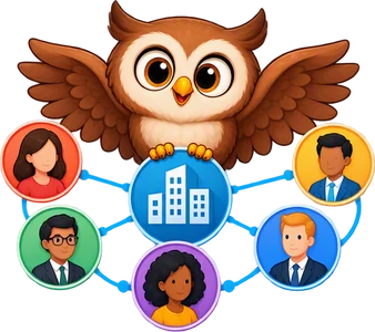 Un hibou aux ailes ouvertes relie l'entreprise à des personnes de tous horizons