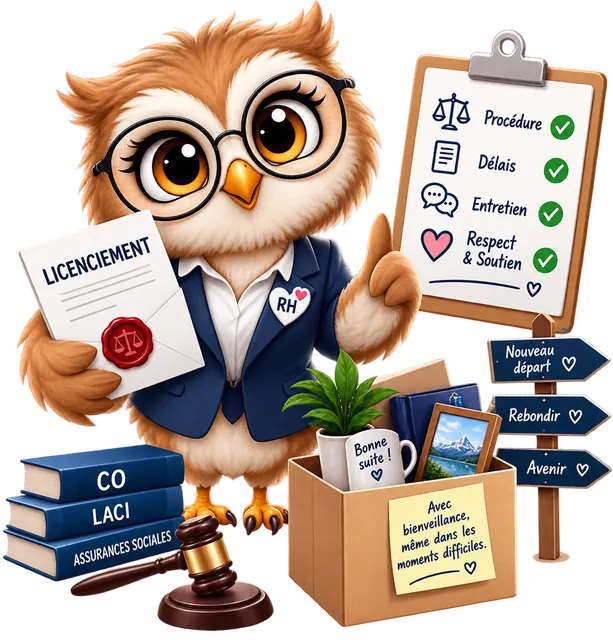 Claude, le hibou RH, tient une lettre de licenciement scellée à côté d'une checklist : procédure, délais, entretien, respect et soutien, et de panneaux indiquant nouveau départ, rebondir, avenir