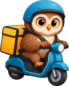 Un hibou livreur à scooter, casque bleu et sac de livraison jaune