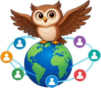 Un hibou aux ailes ouvertes, posé sur la Terre entourée de personnes reliées