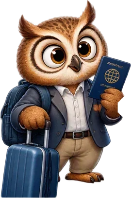 Un hibou arrive avec sa valise et son passeport