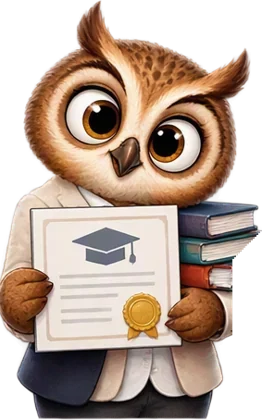 Un hibou présente son diplôme et ses livres