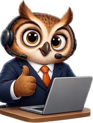 Un hibou au casque devant son ordinateur