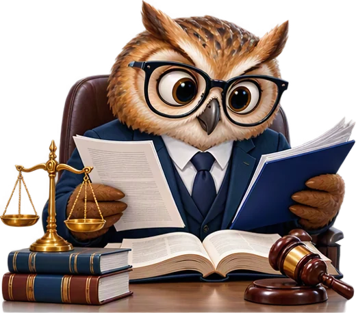 Un hibou juge, entre la balance et le marteau, lit les textes