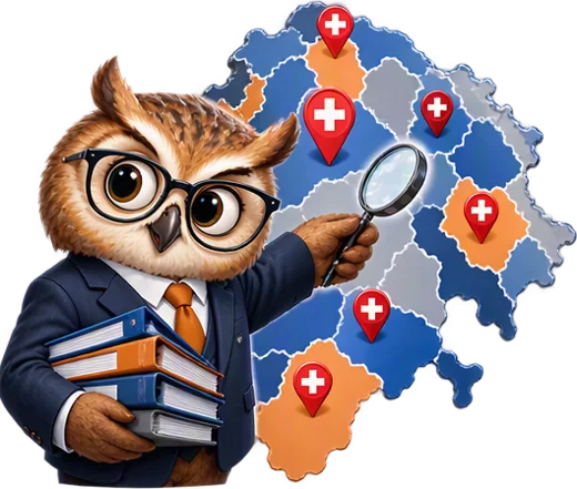 Un hibou, loupe à la main, examine la carte des cantons