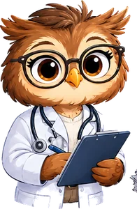 Un hibou médecin, stéthoscope au cou, remplit un certificat