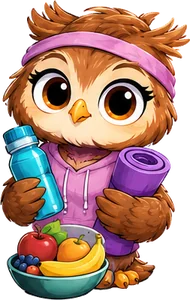 Un hibou sportif avec une gourde, un tapis de yoga et des fruits
