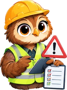 Un hibou de chantier, gilet jaune, tient une liste de contrôle et un panneau danger