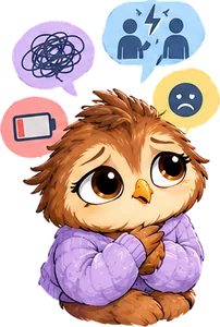 Un hibou inquiet entouré de bulles : pensées emmêlées, conflit, batterie vide, tristesse