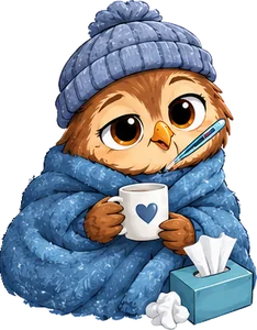 Un hibou malade, emmitouflé dans une couverture, avec un thermomètre et une tasse