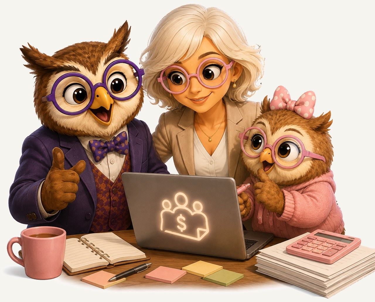 Gisèle, Claude le hibou RH et la Petite RH devant un décompte de salaire