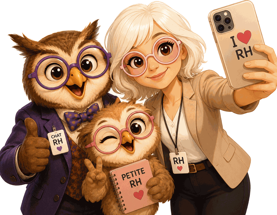 Gisèle, Claude le hibou RH et la Petite RH en selfie