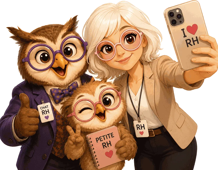 Gisèle, Claude le hibou RH et la Petite RH en selfie